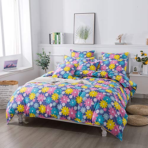 Fadfay Duvet Cover Set Full Colorful Daisy Floral Bedding Purple Girls Bedding Farmhouse Bedding 100% Cotton Super Soft Reversible Comforter Cover With Hidden Zipper Closure 3 Pieces Full Size #TOP17