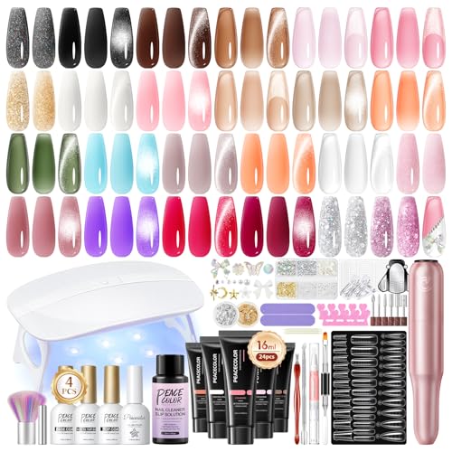 PEACECOLOR 51 PCS Gel Extensión de Uñas Kit Completo con Lampara U V/LED Torno para Uñas, 24 Colores Extensión Gel con Uñas Esmalte de Uñas Cat Eye DIY Nail Art Set Manicura para Principiantes