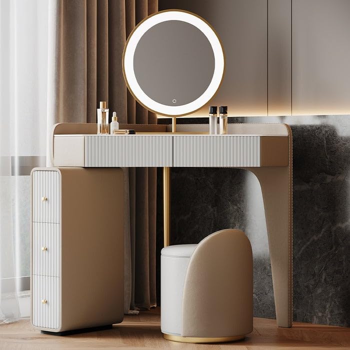 NG Decor White & Beige Corner Makeup Vanity Table with 5 Drawers, Stool-image-10