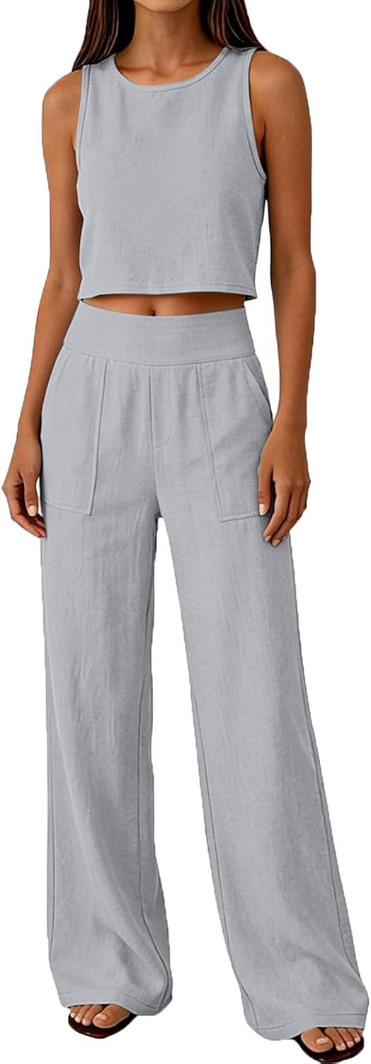Womens 2 Piece Lounge Sets Cotton Linen Sleeveless Crew Neck Crop Tank Tops Wide Leg Pants Travel Summer Outfits