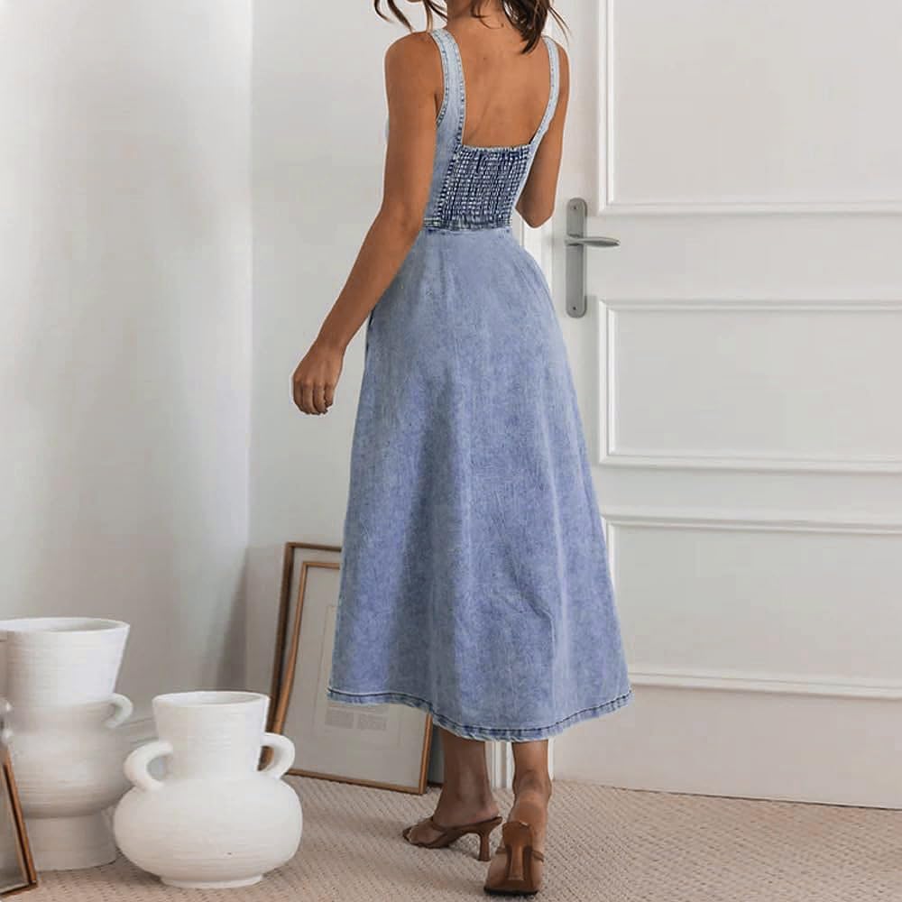 utcoco Denim Dress for Women Sleeveless Button Down Slim Fit Midi Jean Dresses for Women 2025 - Image 6