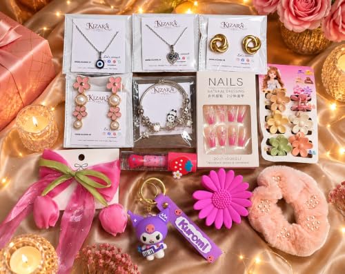 Image of Customized Name Jewellery Gift Hamper for Girls & Women | 12 Premium Items Gift Box, 2 Necklaces, Pandora Bracelet, Earrings, Nail Art, Hair Accessories, Premium Keychain