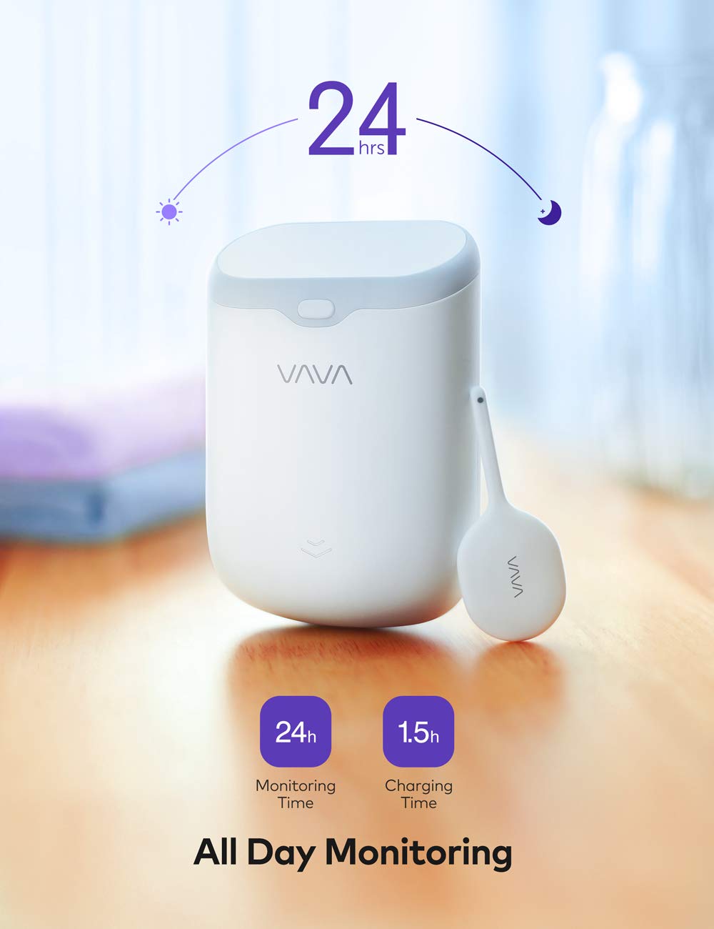VAVA thermometer display unit and wearable patch showing battery life and charging time