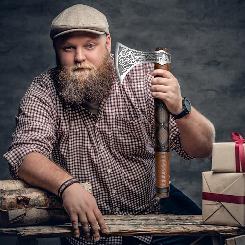 SHINY CRAFTS® Handcrafted Viking Axe – Engraved Nordic Blade with Wooden Handle Unique Gift for Men, Collectors, Cosplay, and Medieval Decor (Brown-VBA-04-A)