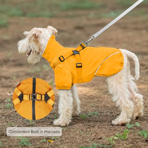 Hunde-Regenmantel für kleine und mittelgroße Hunde, wasserdichte Hunderegenjacke mit integriertem Geschirr für nasses Wetter, leicht zu tragen, reflektierend, Gelb, Größe M