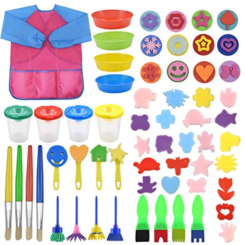 Dokpav Pinceles para Ni�os 61 Pcs Kits de Pinceles de Esponja,Kit Pintura Ni�os,Rodillos Pintura, Delantales Impermeable de Pintura, Kit Manualidades Acuarelas Esponjas para Pintar Ni�os