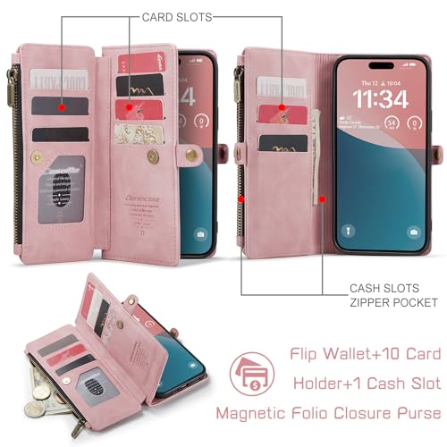 Defencase for iPhone 16 Pro Case,【RFID Blocking】for iPhone 16 Pro Wallet Case for Women with Card Holder, PU Leather Zipper Strap Magnetic Snap Flip Cover for iPhone 16 Pro 6.3" Phone Case, Rose Pink by Defencase - Image 3
