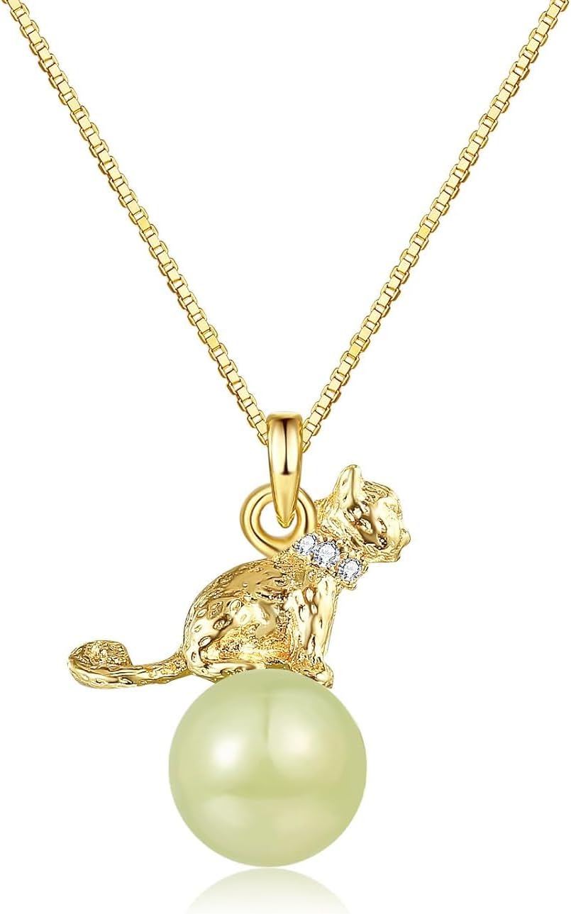 Natural Hetian Jade Necklace for Women, Dainty Green Jade Cat Animal Charm Pendant Adjustable Choker Necklace Jewelry Chain Gift for Mom Lover Her (925 Sterling Silver with Gold Plated)