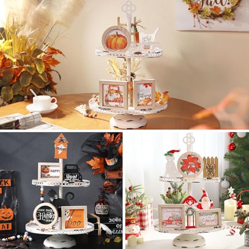34 Piece Seasonal Tiered Tray Decor Kit with 3 Frames, Interchangeable Wooden Table Centerpieces for Halloween Fall Christmas Holiday Home Decoration Set, Rustic Wood Sign Plaques Decorative Trays - Image 6
