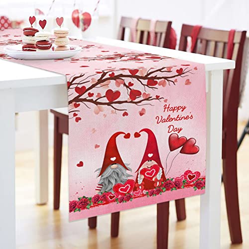 Happy Valentine's Day Cotton Linen Table Runner Cute Gnomes Love Heart Shape Tree Rose Flowers 13X70 Inch Table Runners For Party Banquet Spring Holiday Kitchen Dining Table Top Decor #TOP5
