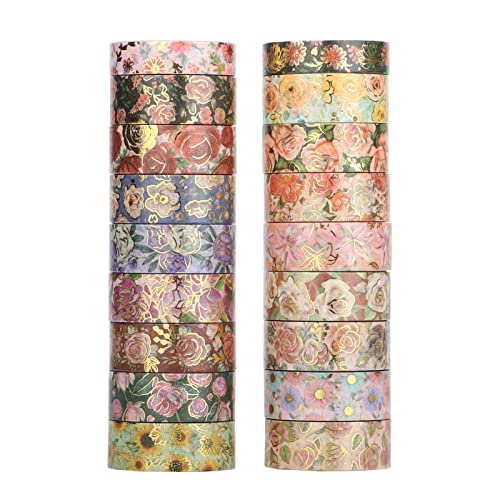 Grekywin 18 Rollen Floral Washi Tape Set, 10/15 mm breit, buntes Blumen Muster Goldfolie Druck, chinesischer Stil Masking Tape Dekor für Scrapbook, Bullet Journal, Geschenkverpackung (3 m)