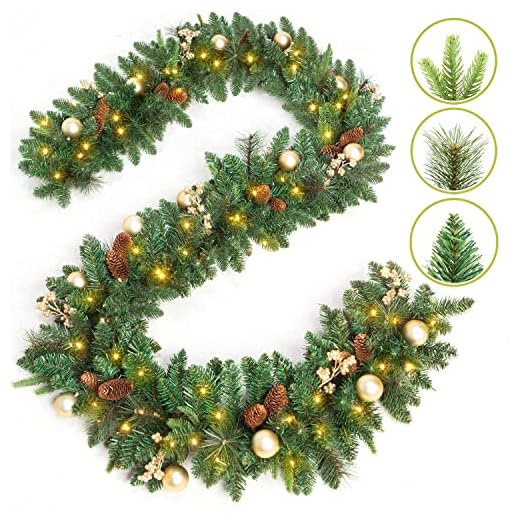 Queta Guirlande de Noël Artificielle Lumineuse 180CM, Rotin de Noël Artificiel avec Pomme de Pin pour Chambre Porte Mur Fenêtre Escalier Cheminée