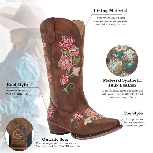 Image of ROPER Womens Riley Floral Embroidered Snip Toe Casual Boots Mid Calf Low Heel 1-2 inch - Brown