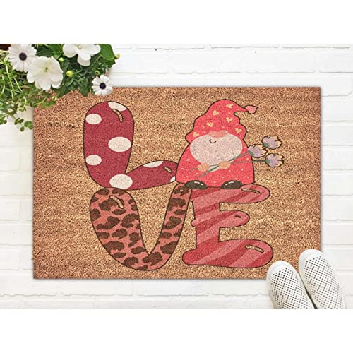 Coir Doormat Heavy Duty Love Gnome Leopard Buffalo Plaid Check Polka Dot Striped Doormat 24X36In Hello Valentine Love Forever Heart Gnome Natural Outdoor Welcome Coir Door Mat Outdoor / Indoor #TOP3
