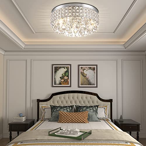 Maxax 4 Lights Crystal Chandelier, Modern Drum Ceiling Light Fixture Lamp, Raindrop Flush Mount Round Metal Shade, For Dining Room, Living Room, Bathroom, Bedroom, Chrome #TOP6