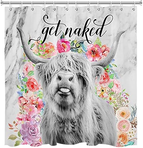 EOBTAIN Get Naked Marble Shower Curtain Highland Cow with Colorful Flowers Funny Bull Cow Farm Animals Bathroom Curtain 72x72Inch Waterproof Fabric with 12 Hooks