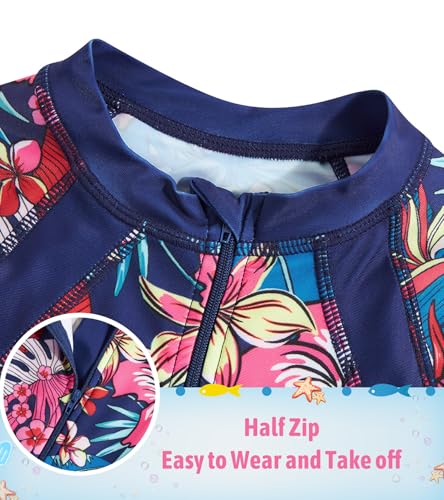 Girls Long Sleeve Rashguard Half Zip Swimsuits UPF 50+ Two Piece Swim Sets with Hairband 5-12Y3