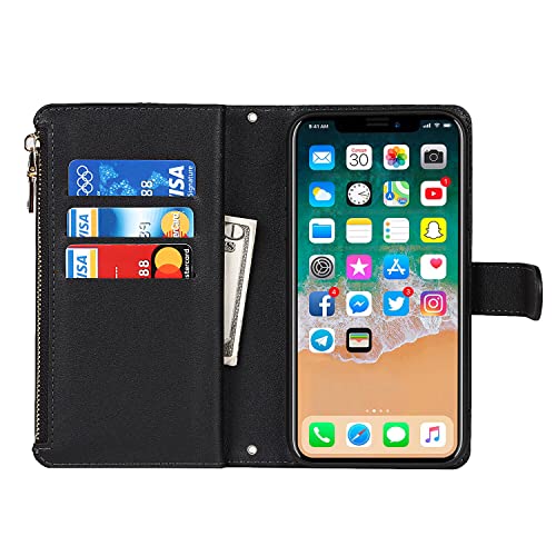 SunYoo for iPhone X/XS Zipper Wallet Case,[9 Card Holder][Wrist Strap] Premium Leather Protective Cover Card Slot Flip Kickstand Women Lanyard Strap Wristlet for iPhone X/XS -Black by SunYoo - Image 5