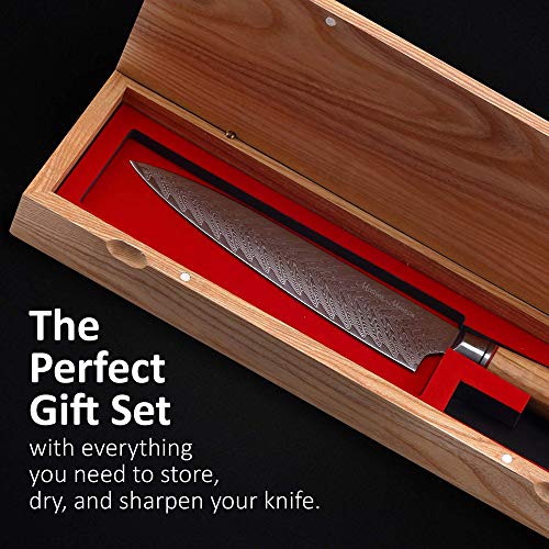Master Maison Authentic 8" Damascus Steel Chef Knife With Full-Tang Wood Handle, Sheath, Sharpening Stone, Storage Box, & Drying Cloth | Aus-10 Japanese Ultra Sharp Stainless Steel Chef's Knife Set #TOP1