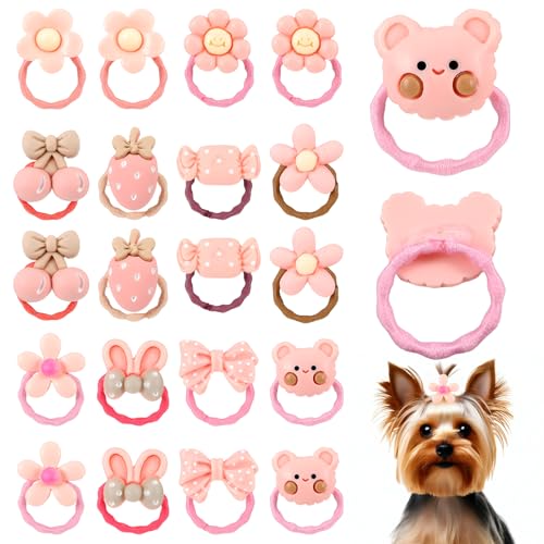 Sibba Light Pink Small Dog Hair Bows with Rubber Bands 10 Pairs Cute Puppy Hair Accessories for Small Medium Dogs Grooming Flowers Topknot Cherries Candies Pet Fur Ornaments Rubber Bands for Dogs