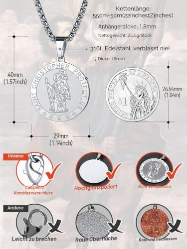 FaithHeart Heiliger Christophorus Anhänger, St Christophorus Halskette, Edelstahl Kette mit Runder Anhänger, Amulett mit Geschenkebox für Geburtstag Vatertag Weihnachten