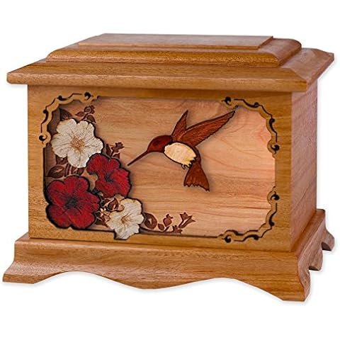 Wooden Cremation Urn - Ambassador Shape with Hummingbird & Flower Nature 3-Dimensional Inlay Wood Art Memorial - Funeral Urns for Adults (Mahogany Wood) Cover