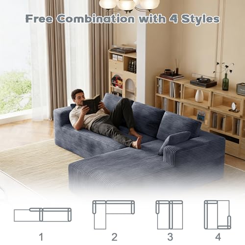 Image of 106 inch Corduroy Sectional Couch, Boneless L Shaped Couch with Deep Seat, Cloud Foam Sofa with Oversized Chaise, Sectional Sofa No Assembly Needed for Living Room