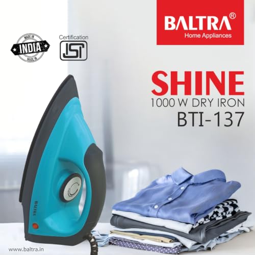 Image of BALTRA Shine 1000W Dry Iron | Press Iron for Clothes, Shock Proof Body 360 Swivel Cord, Non-Stick Soleplate, Adjustable Temperature Control, Lightweight & Durable Iron for Effortless Clothes Pressing