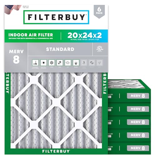Filterbuy 20x24x2 Air Filter MERV 8 Essential Dust & Allergy Defense (6-Pack), Electrostatic Pleated HVAC AC Furnace Filters Replacement, Made in USA (Actual Size: 19.38 x 23.38 x 1.75)