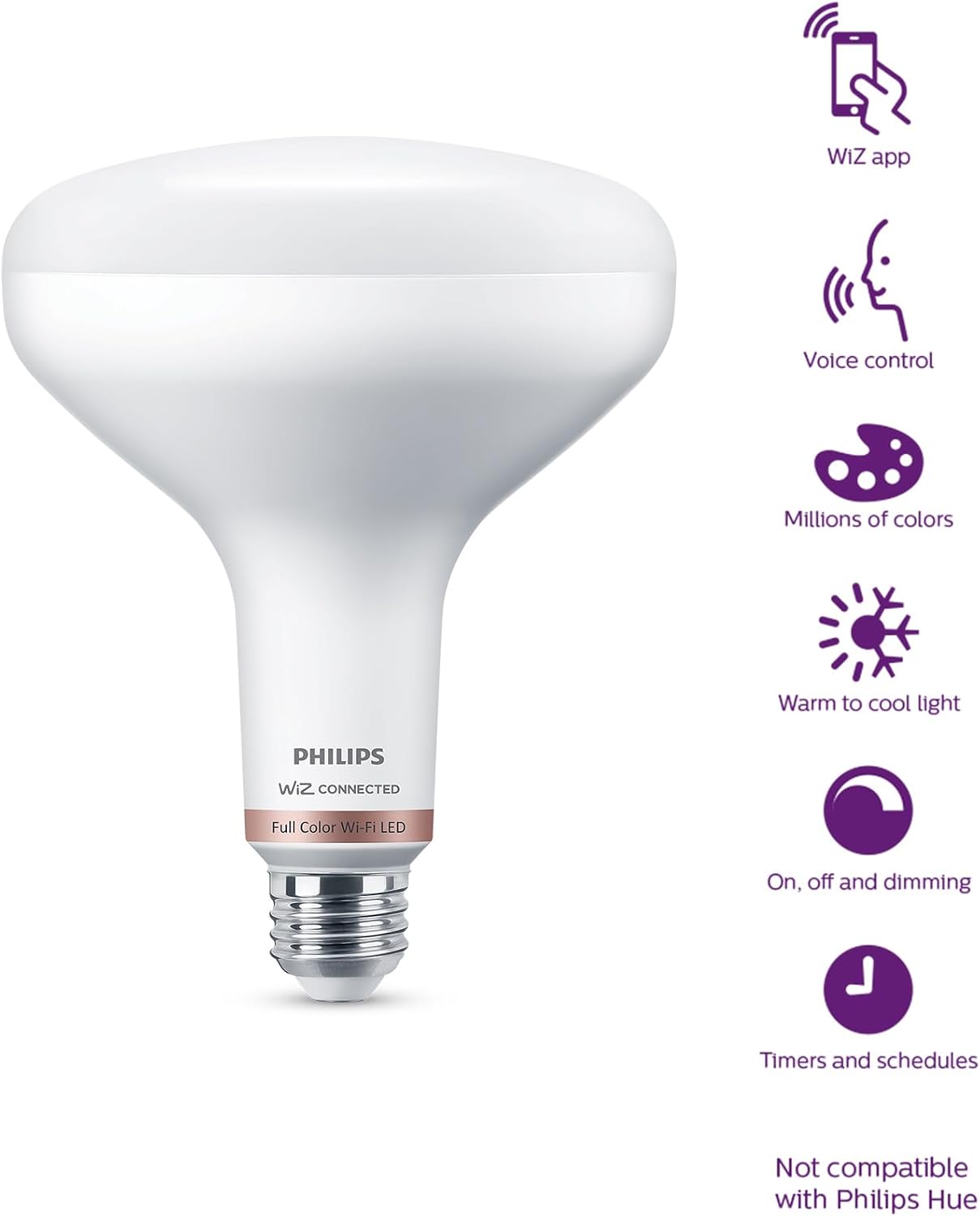 Philips Smart 65-Watt BR40 Color Flood Light Bulb 4-Pack, Frosted, Dimmable, 110º Beam Angle, E26 Medium Base