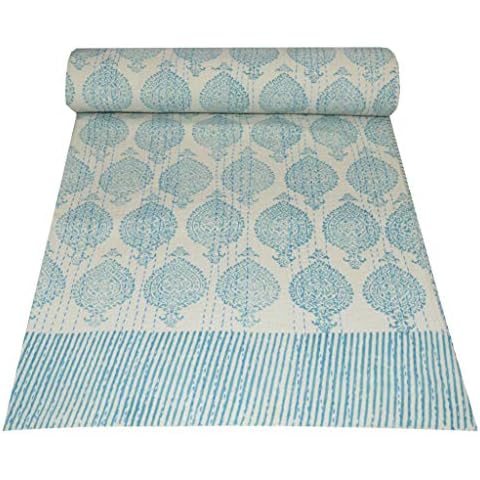 Majisacraft Indian White Kantha Quilt Bedspread Cover