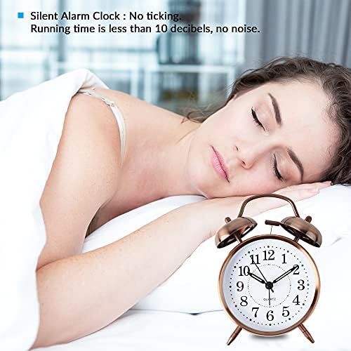 QKTYB Retro Alarm Clocks 4 inch Old Fashioned Bedside Alarm Clock Non Ticking Battery Powered Loud Twin Bell Bedroom Clock with Night Light for Heavy Sleepers
