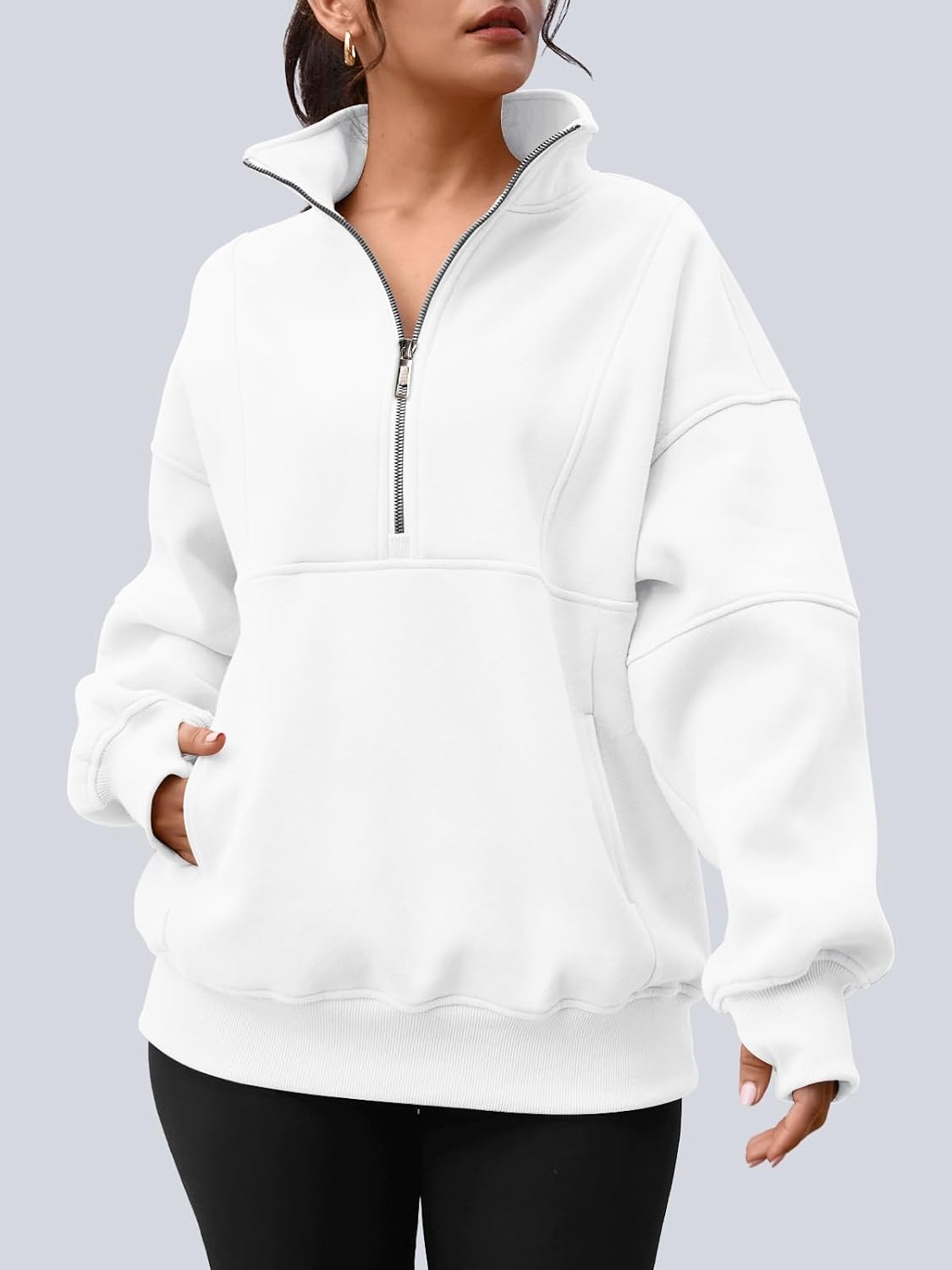  Women's Quarter Zip Oversized Sweatshirt Fleece Mock Neck Pullover | Half Zip, Front Pockets, Thumb Holes, Oversized Hoodies, Pullover Fleece Jacket, 2026 Fall Clothes, Cozy Winter Outfits thumbnail