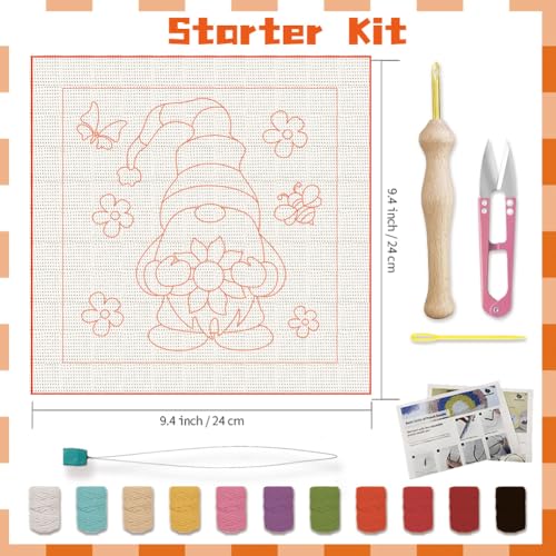 Image of BEUNITONE 2 Sets Gnome Punch Needle Kits Flower Beginner Punch Embroidery Kits Stitching Kit for Wall Hanging 9.4'' x 9.4'' Embroidery Starter Kits with Instructions for Adults Craft DIY Birthday