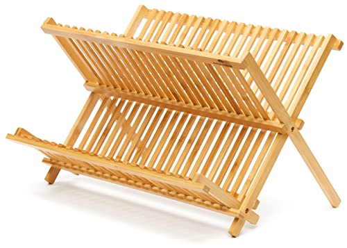 RoyalHouse Premium Natural Bamboo Dish Rack, Collapsible Dish Drainer, Foldable and Compact Dish Drying Rack for Kitchen Counter