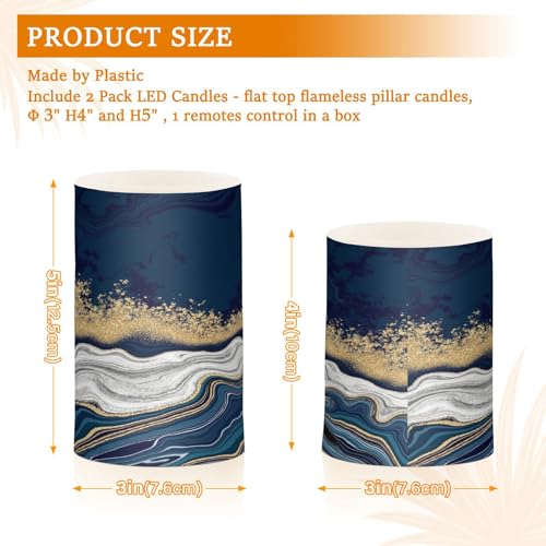 Image of Flickering Flameless Candles, Navy Blue Marble Golden Veins LED Candles with Remote Timer, Set of 2 Battery Operated Candle for Valentine Wedding Birthday