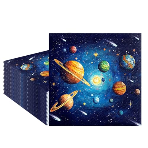 Lot de 25 serviettes en papier bleu foncé avec motifs spatiaux planètes, espace pour anniversaires, fêtes