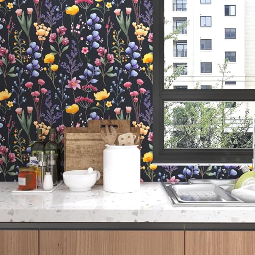 VOLEAAR Dark Floral Peel and Stick Wallpaper Vintage Flower Contact Paper Boho Removable Easy to Paste Waterproof for Kitchen Countertop Cabinet Walls Dark Grey Black Purple 44.5CM x 300CM - Image 3