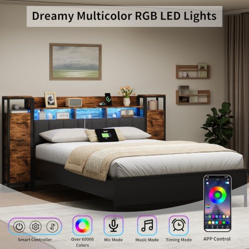 King Size Headboard with Bedside 8 Fabric Drawers, Upholstered Headboard with Charging Station & Adjustable RGB LED Lights, 2-Tier Storage Shelves Head Board with Storage, Brown - 4