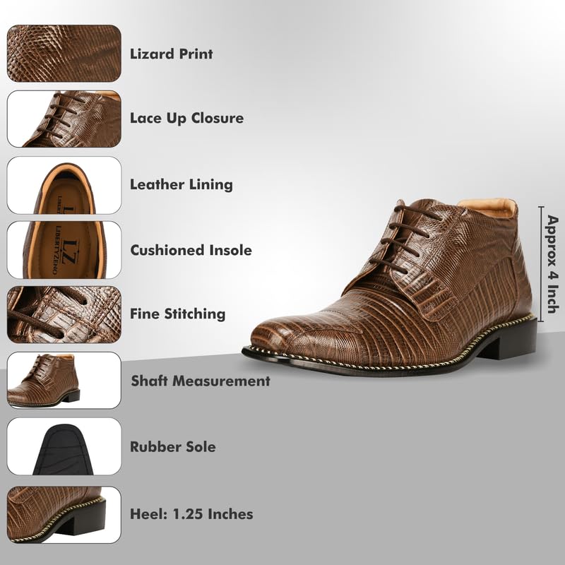 Image of LIBERTYZENO Mens Lizard Print Genuine Leather Adults Ankle Boots Lace Up Dress Shoes for Easter Gift