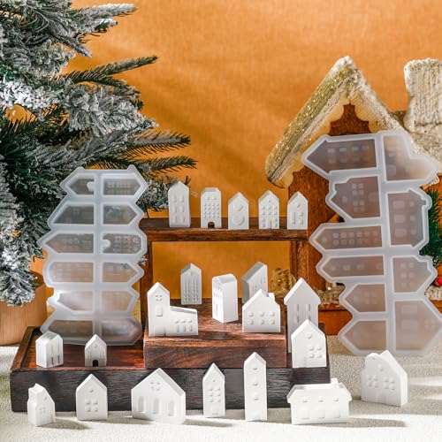 Geiserailie 24 Stück Silikonformen Gießformen Haus Kleine Silikonform Weihnachten Häuser DIY Weihnachten Deko Gießformen 3D Haus Kerzenhalter