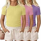 YooAurvox 3 Pack Girls' Short Sleeve Shirts Kids Ribbed Knit Crew Neck Tees Summer Basic Casual Tops 5-14 Years(Purple, Pink, Yellow,11-12 Years)