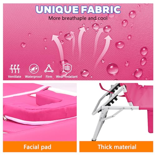 3-in-1 Heavy Duty Tanning Chair with Face Hole Adjustable 5-Position Folding Chaise Lounge Chairs Portable Lay Flat Beach Lounge Chair for Outdoor Sunbathing Patio Pool Lawn Camping Deck (Pink)