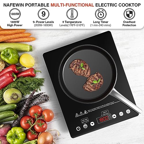 Nafewin Single Burner Electric Cooktop 1800W - 110V Electric Stove Top Burner Portable Stove with Touch Control 9 Power Level - Induction Cooktop with Child Safety Lock Timer for Home Camping by Nafewin - Used condition - Image 3