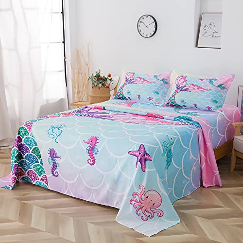 Adasmile A & S 4 Pieces Kids Mermaid Sheets Queen Mermaid Tail Fitted Sheets Fish Scales Bed Sheet Sets Mermaid Fitted Sheet Sealife Flat Sheet With 2 Mermaid Pillowcases Ocean Theme Bedroom Decor #TOP1