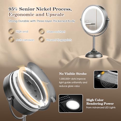VESAUR-85-Unique-Black-Nickel-Lighted-Makeup-Mirror-1X10X-HD-Undistorted-Magnifying-Mirror-with-3-Color-Light-80-Eye-Care-LED-Lights-Dimmable-360Swivel-Seamless-Glass-Vanity-Mirror-Gift-Box