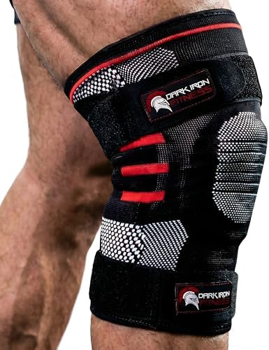 Dark Iron Fitness Knee Brace Pair for Compression & Support for Men & Women, Padded Stabilizer Sleeves w/Lateral Metal Springs for Powerlifting Weight Training, Aids Pain Relief for Arthritis, Medium