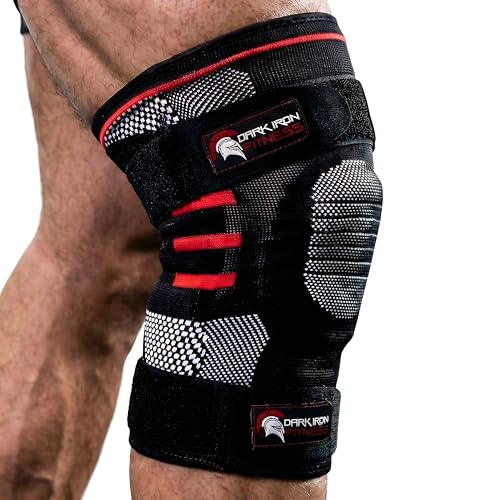 Dark Iron Fitness Knee Brace Pair for Compression & Support for Men & Women, Padded Stabilizer Sleeves w/Lateral Metal Springs for Powerlifting Weight Training, Aids Pain Relief for Arthritis, Large