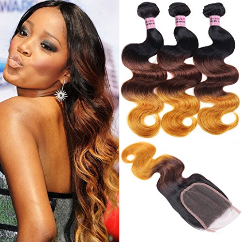 Ali Funmi Ombre Body Wave Bundles with Closure, 3 Ombre Brazilian Virgin Human Hair Bundles with 4x4 Lace Closure Free Part (T1B/4/27, 10 12 14+10)