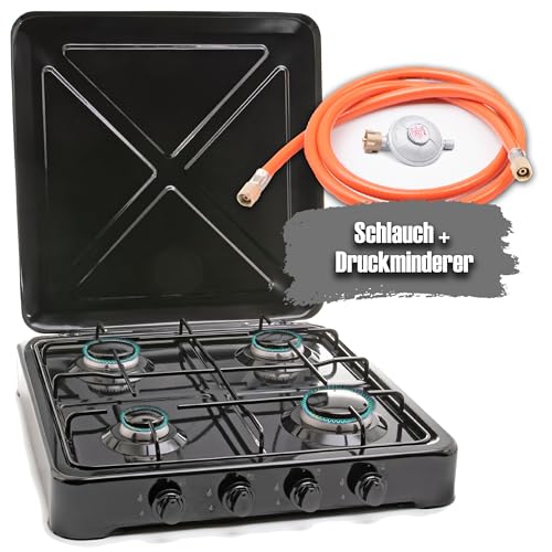 TruWare Gaskocher 4 flammig Campingherd Gas Kochfeld tragbarer Gasherd für Gasflasche mit Schlauch | 2,5kW … (schwarz)
